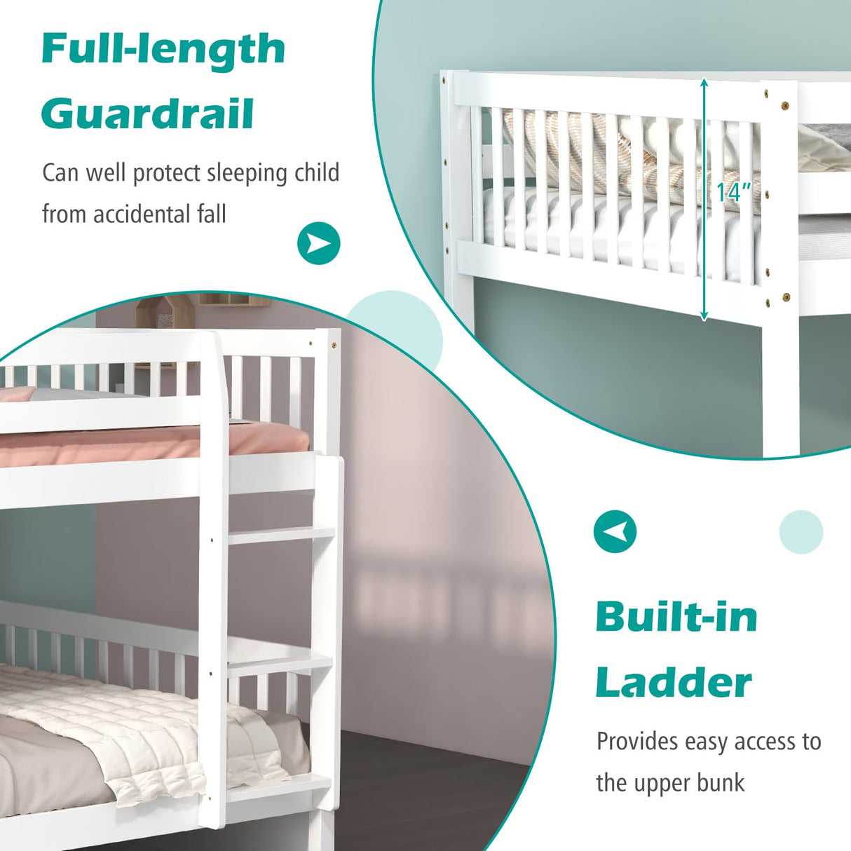 Giantex Full Over Full Bunk Bed with Trundle, Solid Wood Trundle Bed Frame w/Guardrails and Ladder, Convertible to 2 Beds, Full Size Bunk Beds for Adults Kids Teens, No Box Spring Needed, White Giantex