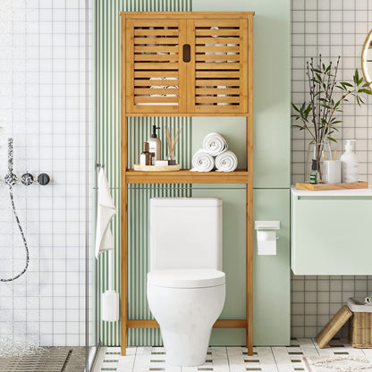 VIAGDO Natural Bamboo Over The Toilet Storage Cabinet with Adjustable Shelves and Doors - WoodArtSupply