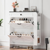 IRONCK Shoe Storage Cabinet with 2 Flip Drawers & Barn Door Design, Freestanding Shoe Cabinet Organizer with Drawer and Shelves for Entryway, Farmhouse Shoe Rack Cabinet, White/Black IRONCK