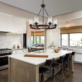 28 Inch Wagon Wheel Chandelier with Glass Shade, 6-Light Farmhouse Wood Large Round Chandeliers for Dining Room Pendant Light Fixture for Living Room Bedroom Kitchen Island Foyer Entryway GRUSTRUST