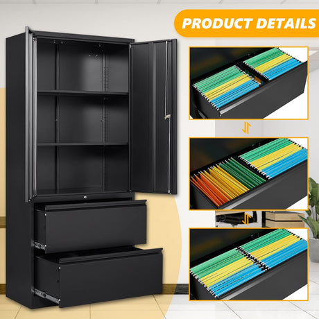 STANI 2 Drawer Lateral File Cabinet - Metal Storage Cabinet with Locking Drawers for Letter/A4 Size Files (Black) STANI