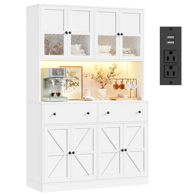 FINETONES 71" Pantry Cabinet with LED Light and Charging Station, Farmhouse Kitchen Pantry Cabinet with Microwave Stand, 47.2" Wide Kitchen Hutch Food Pantry with Open Countertop, White