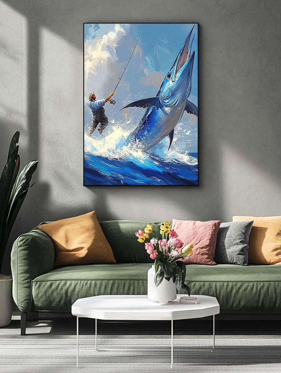 HLYSKXKBEC Fishing Diamond Painting Kits for Adults Beginners, Sea Fishing Tuna DIY Diamond Art Paint with Round Diamonds Full Drill Art Painting Kit for Home Wall Decor Gifts 12x16inch HLYSKXKBEC