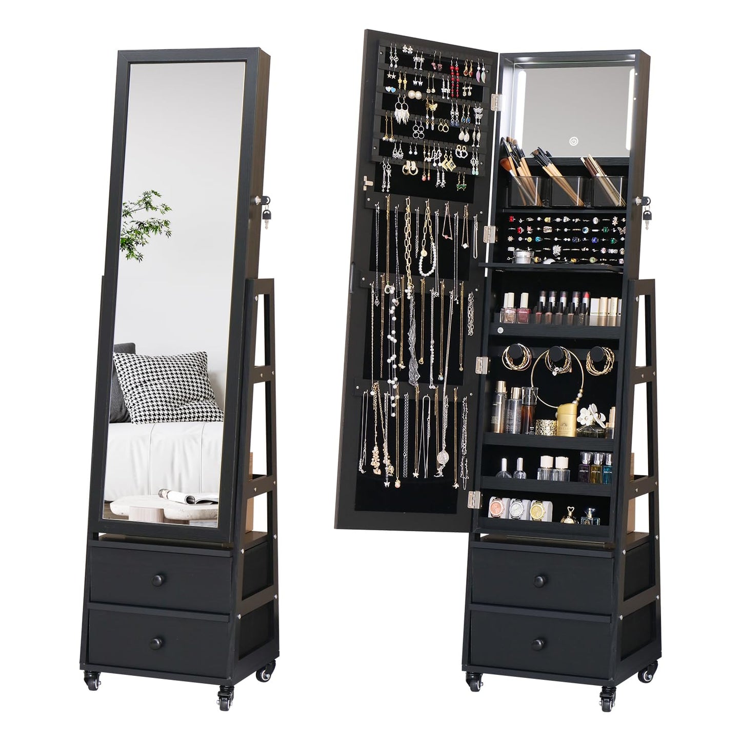 MASMIRE Jewelry Cabinet with Mirror,Full Length Mirror Large Capacity Jewelry Organizer Armoire,Floor Standing Mirror with Back Storage Shelves for Bedroom Black - WoodArtSupply