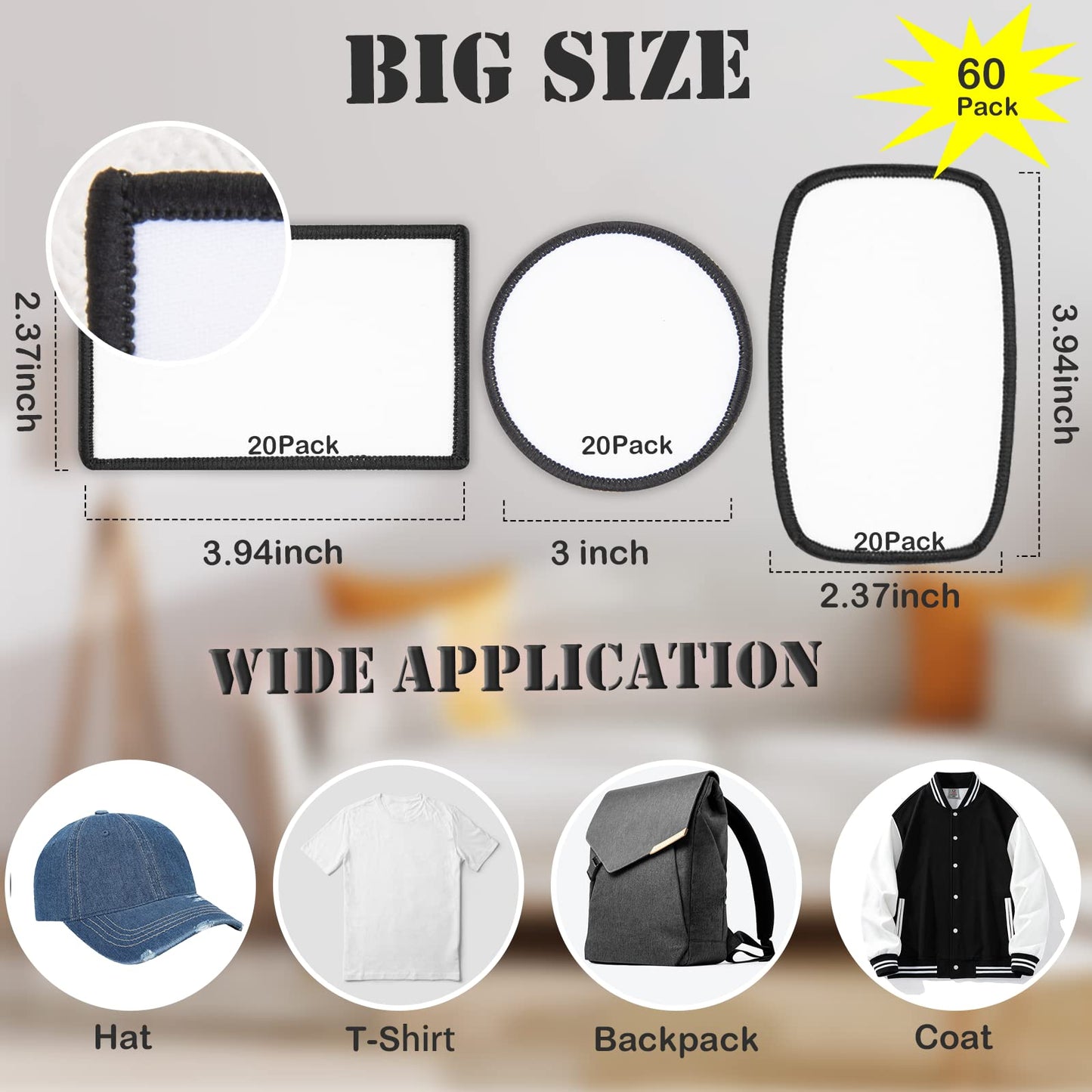 60 PCs Sublimation Patches - Iron On Blank Patches for DIY Crafts Hats Caps Backpack Uniforms