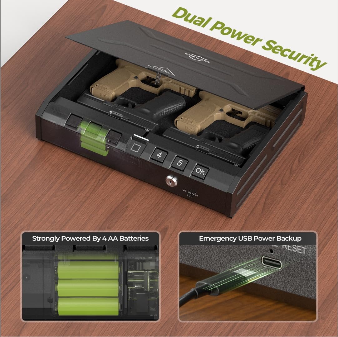 ONNAIS Large Biometric Gun Safe - Fingerprint Pistol Safe with Internal Light, Three Unlock Methods, and Emergency Power Supply, Gun Lock Box for Home, Bedside, Nightstand, and Car Use ONNAIS