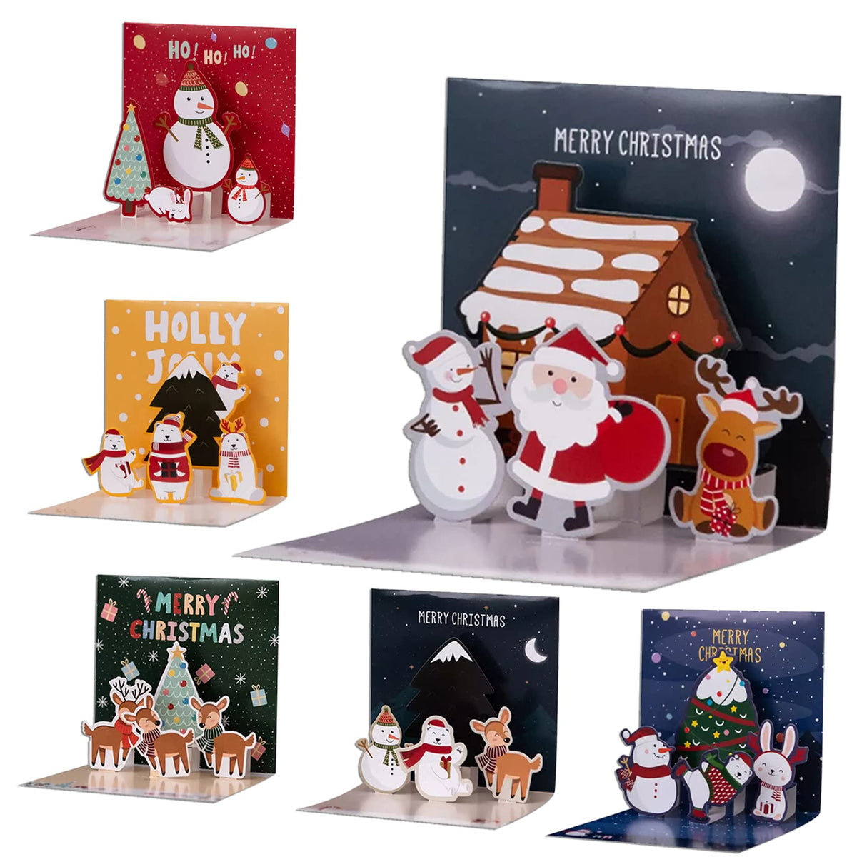 EMPCYDIA Christmas Cards, 6 Pack Small Pop Up Christmas Gift Card with Envelopes Stickers, 3D Cute Holiday Greeting Cards Santa Snowman Reindeer Xmas Tree Bulk Set Xmas Card for Kids 4.3x4.3inch EMPCYDIA