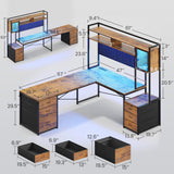 SEDETA L Shaped Gaming Desk with 6 Drawers, Reversible Computer Office Desk with File Drawer, Hutch, Storage Shelves, Gaming Corner Desk with Led Lights, Power Outlet for Two Person, Rustic Brown SEDETA