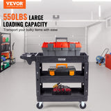 VEVOR Utility Service Cart,Heavy Duty 3 Shelf 550LBS Plastic Rolling Utility Cart with 360° Swivel Wheels (2 with Brakes), Medium Lipped Shelf, Ergonomic Storage Handle for Warehouse/Garage/Cleaning VEVOR