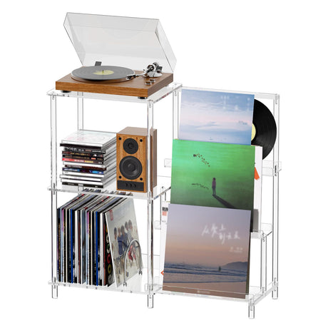 HMYHUM Acrylic Record Player Stand with Vinyl Storage, 3-Tier Record Player Table with Record Holder, Holds Up to 200 Albums, with Dividers, Modern, Clear HMYHUM