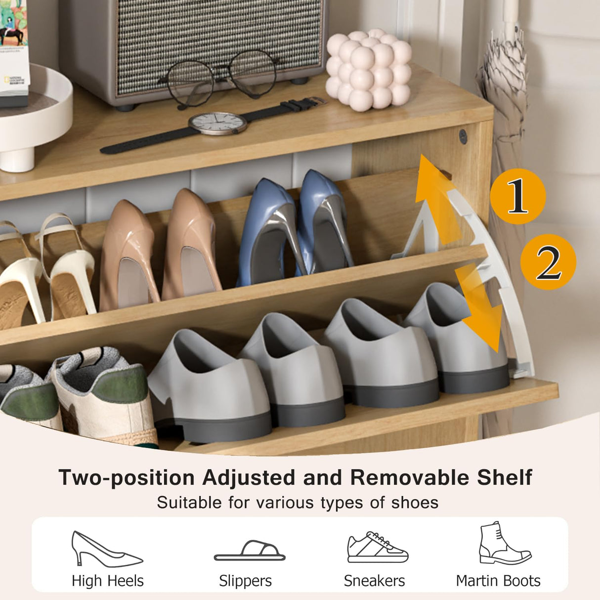 Fsbecl Shoe Storage Cabinet for Entryway with 2 Flip Drawers, Narrow Wood Shoe Cabinet with Fluted Panel, Freestanding Hidden Shoe Organizer for Foyer, Hallway (Wood Color) Fsbecl