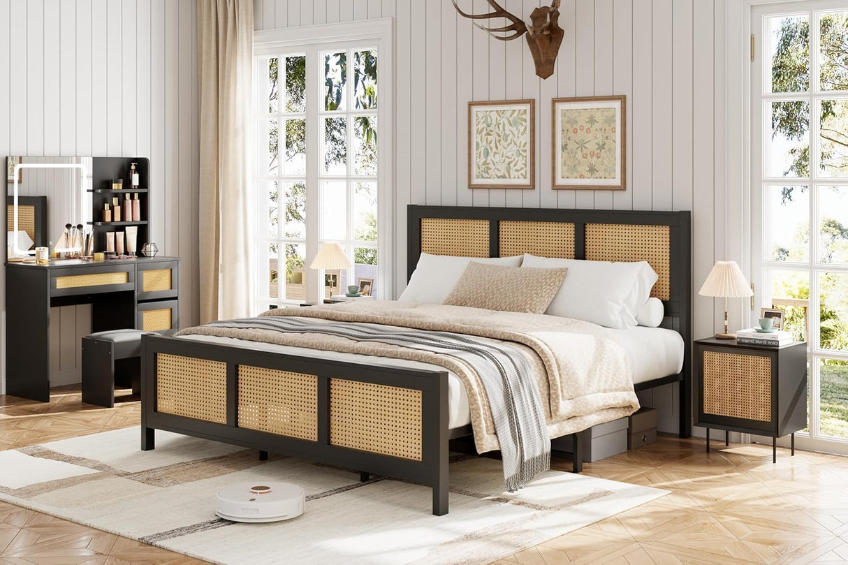 GarveeHome Full Size Rattan Bed Frame with Headboard, Black Boho Cane Platform Bed Frame with Strong Metal Slat, Noise Free, No Box Spring Needed GarveeHome