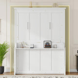 LUMISOL Queen Size Solid Wood Murphy Bed with Desk, Space Saving Hidden Wall Bed, Wall Bed Cabinet with Gas Struts, White LUMISOL