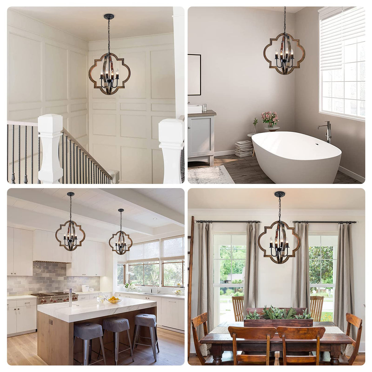 Rviezza 19.49'' Farmhouse Wood Chandelier, 4-Light Rustic Dining Room Light Fixture, Orb Chandelier Light Adjustable Height, Pendant Lighting for Kitchen Island Foyer Living Room Over Dining Table Rviezza