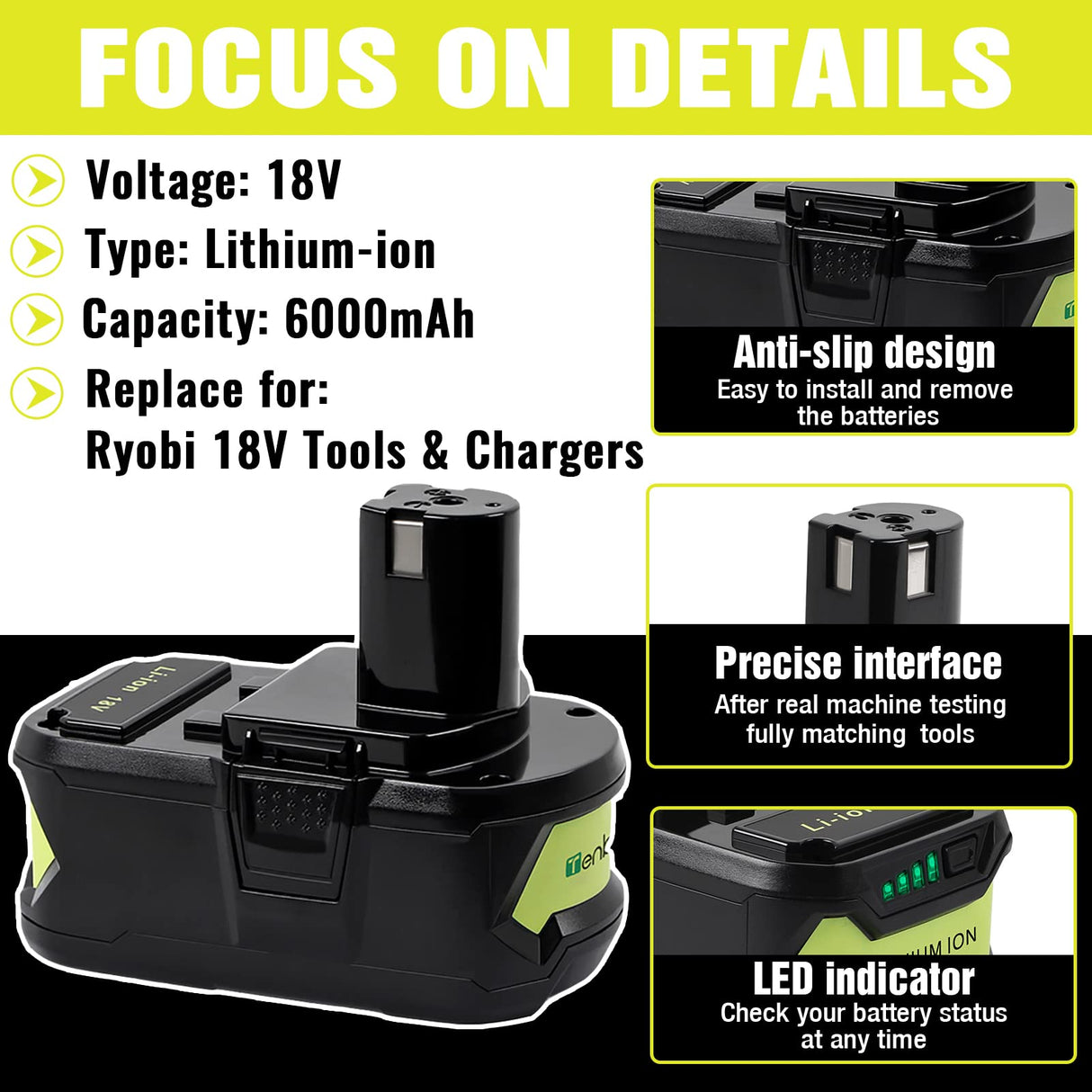 TenHutt 【Upgrade】 2 Packs 6.0Ah Lithium Replacement Battery for Ryobi 18V ONE+ Cordless Power Tool P108(130429054) Compatible with P102 P103 P104 P105 P107 P108 Lithium Battery TenHutt