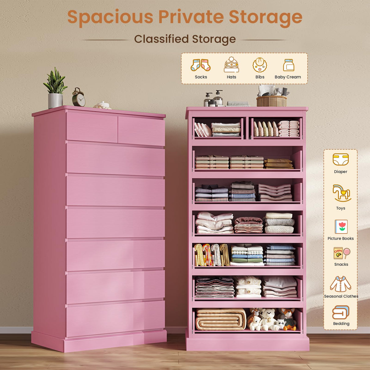 DICTAC Tall Dresser for Bedroom with 8 Drawers, 59.6" Tall Pink Dressers & Chests of Drawers, Modern Wood Closet Organizer and Storage Cabinet, Large Vertical Dresser for Bedroom, Closet, Hallway DICTAC