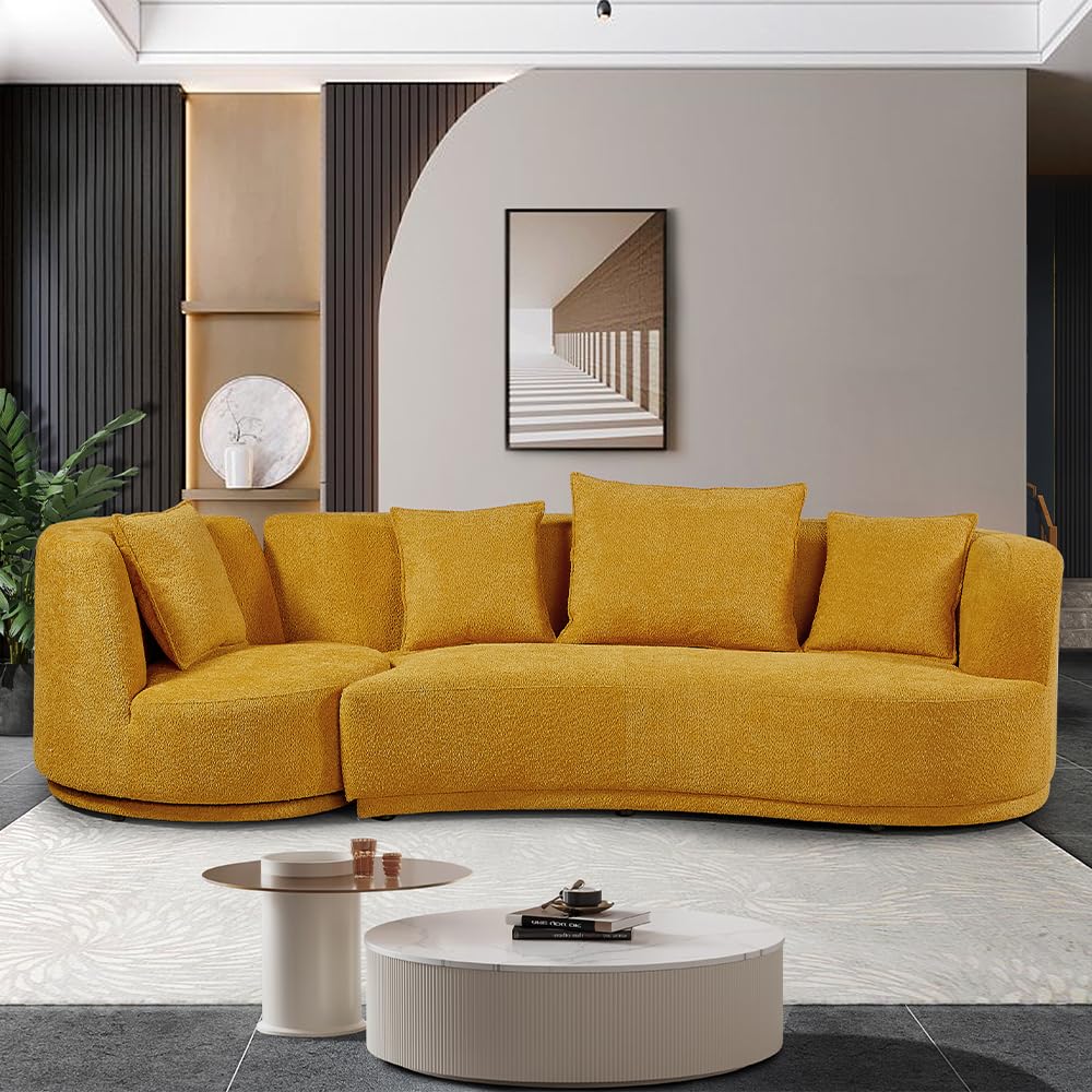 WILLIAMSPACE 109.84" Modern Curved Sofa Couch with 360° Swivel Arm Chair, Modern Upholstery Boucle Sofa 3 Seat Couch with 4 Throw Pillows, Luxury Curved Couch for Living Room Apartment (Yellow) WILLIAMSPACE