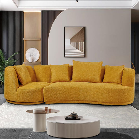 WILLIAMSPACE 109.84" Modern Curved Sofa Couch with 360° Swivel Arm Chair, Modern Upholstery Boucle Sofa 3 Seat Couch with 4 Throw Pillows, Luxury Curved Couch for Living Room Apartment (Yellow)