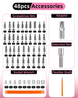 Durofort Pink Cordless Electric Screwdriver Set, 3.7V Rechargeable Small Electric Drill with 48pcs Driver Bit Set, Power 3Nm Screw Gun with 2 Position Handle, Flexible Shaft LED Light for Women DuroFort