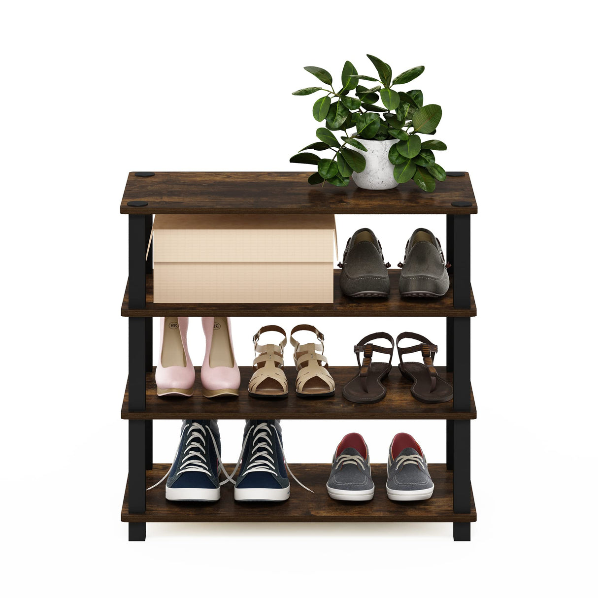 Furinno Turn-S-Tube 4-Tier Shoe Rack, Amber Pine/Black Furinno