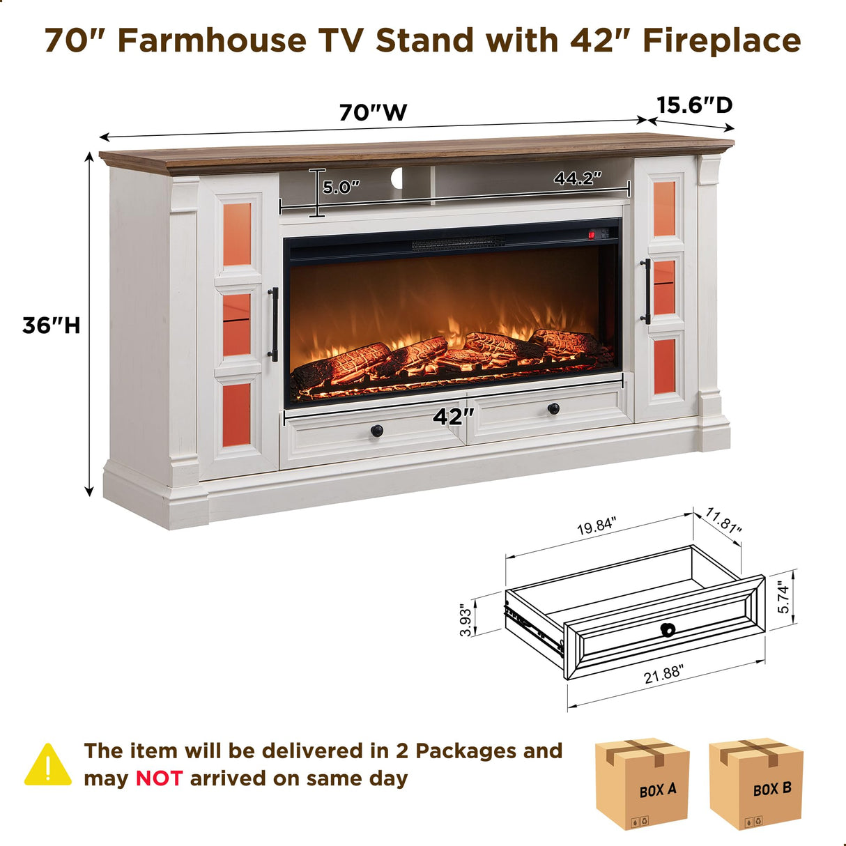 OKD Fireplace TV Stand for up-to-80 TV, Farmhouse 36" Tall Entertainment Center with 42" Electric Fireplace, Media Console with Glass Door Cabinets & Drawers for Living Room, Antique White OKD