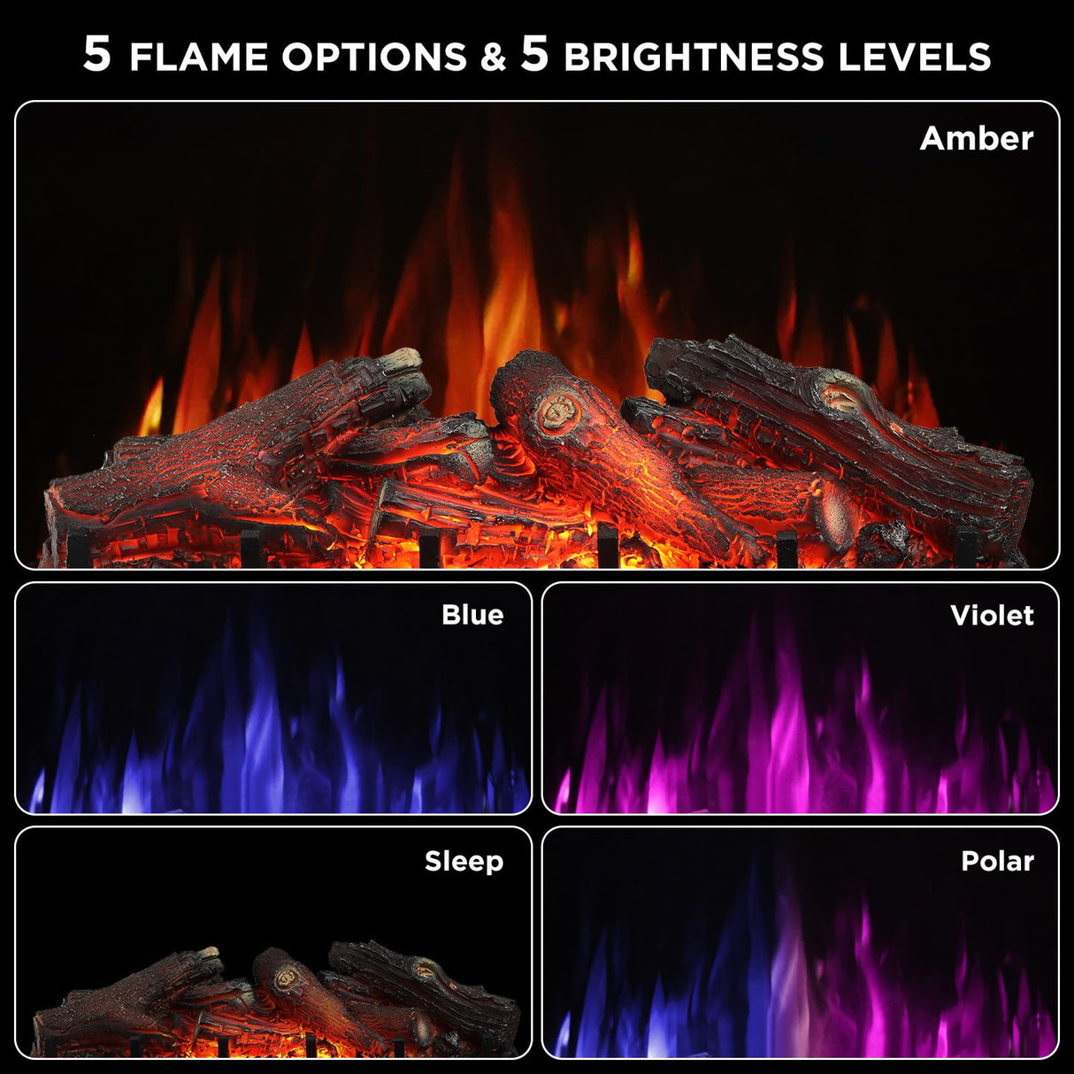 TURBRO Eternal Flame 26 in. WiFi Infrared Quartz Electric Fireplace Log Heater with Sound Crackling, Realistic Lemonwood Logs, Adjustable Flame Colors, Remote Control, Thermostat, Timer, 1500W Black TURBRO