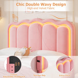 Full Upholstered LED Bed Frame with 2 Storage Drawers and Adjustable Chic Double Wavy Headboard, Velvet Princess Platform Bed with Charing Station, Solid Wood Slats Support,No Box Spring Needed, Pink Jocoevol