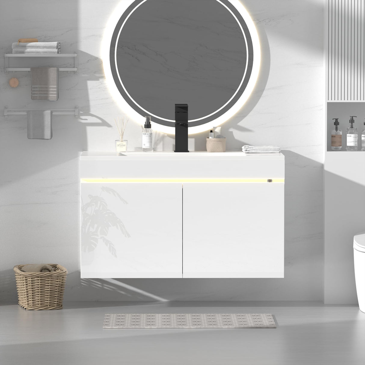 AHB 30 inch Bathroom Vanity W/Sink Combo, High Gloss Bathroom Cabinet, Smart Wall Mounted Sink Cabinet Auto Motion Sensor LED Light, Modern Floating Vanity with Faucet AHB