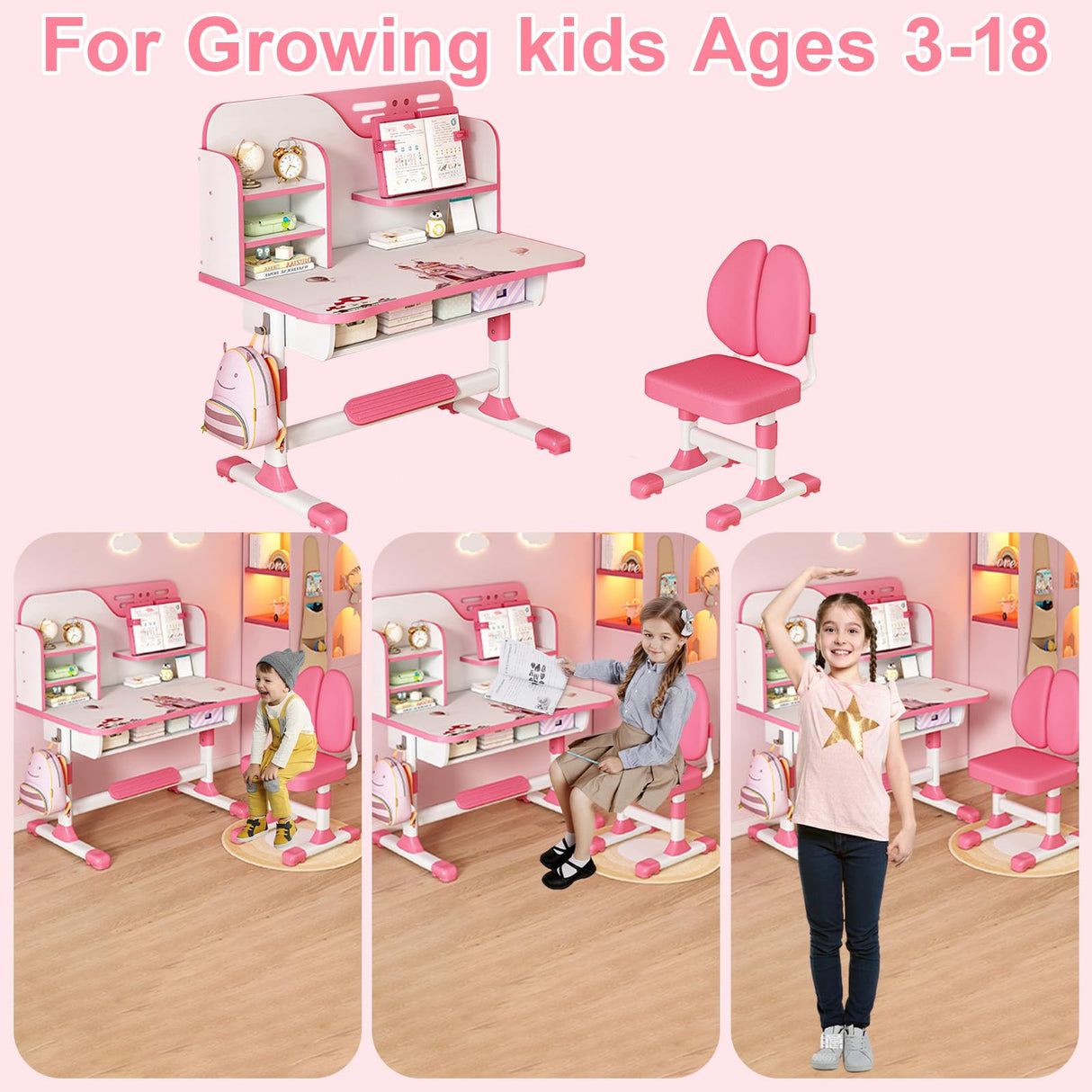 Kids Study Table and Chair Set, Adjustable Art Desk Girls Desk for Bedroom, Study Table with Large Writing Board Bookshelf and Drawer (Pink) Bidbory