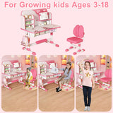 Kids Study Table and Chair Set, Adjustable Art Desk Girls Desk for Bedroom, Study Table with Large Writing Board Bookshelf and Drawer (Pink) Bidbory