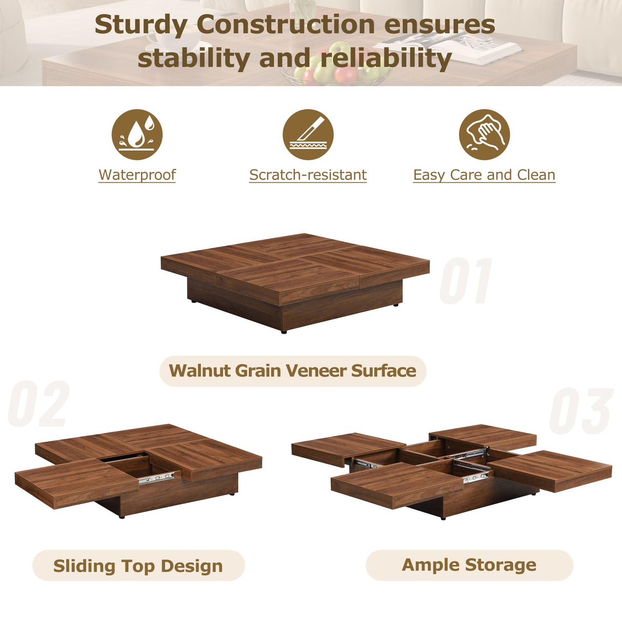 RuiSiSi Square Marble Veneer Coffee Table with Sliding Top and Storage Space, Solid Wood Coffee Table for Living Room, Walnut RuiSiSi