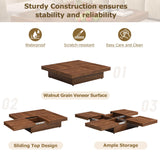 RuiSiSi Square Marble Veneer Coffee Table with Sliding Top and Storage Space, Solid Wood Coffee Table for Living Room, Walnut RuiSiSi