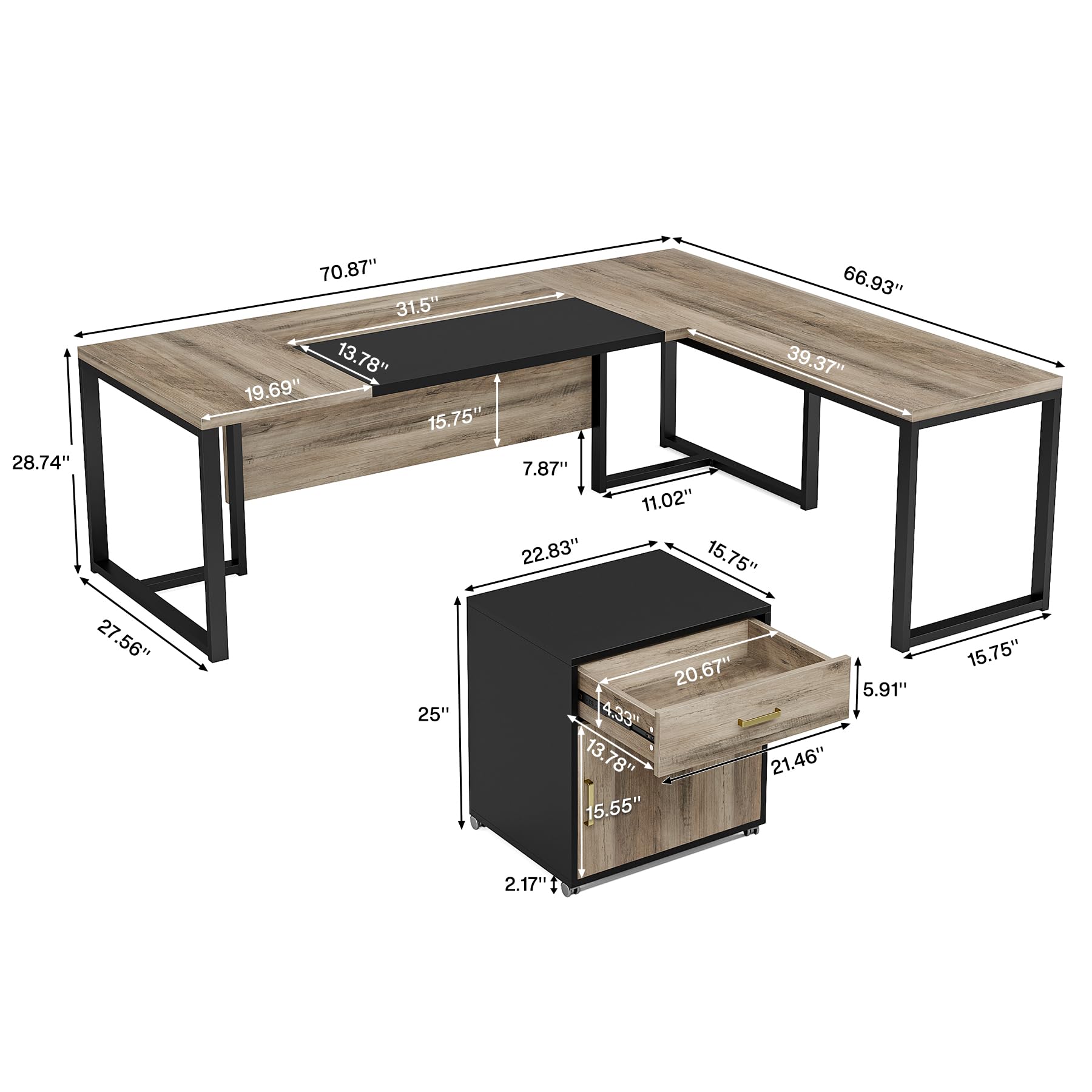 Tribesigns 70.8-Inch Executive Desk with Mobile File Cabinet, Large L Shaped Computer Desk with Storage Cabinet, L-Shaped Desk with Drawer Cabinet for Home Office, Retro Gray & Black - WoodArtSupply