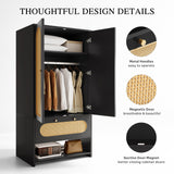 DWVO Rattan Armoire Wardrobe Closet - 70" Tall Rattan Armoire Closet with Doors, Large Storage Cabinet with Drawers & Hanging Rod/Bedroom Armoire - Black DWVO