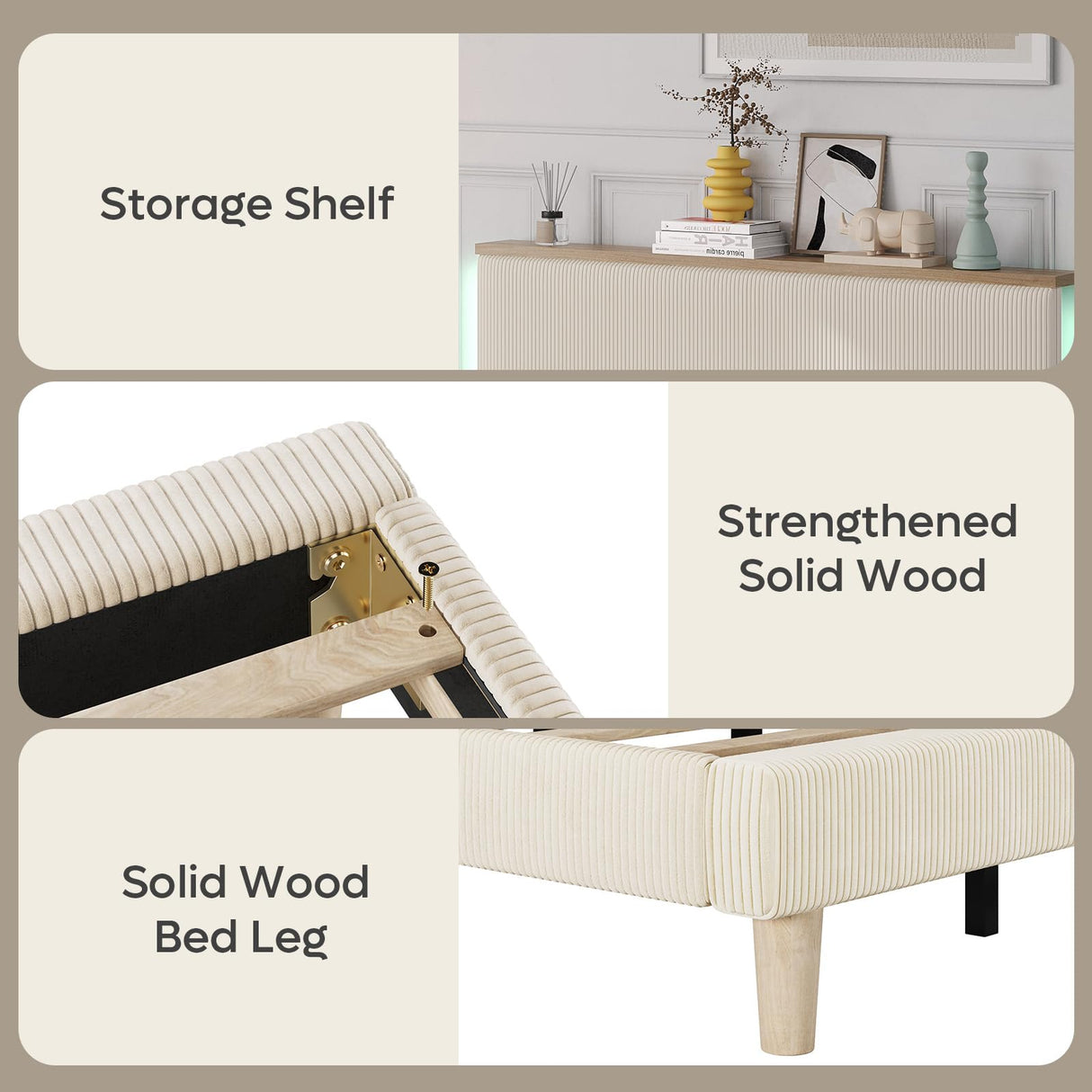 Bestier Full Bed Frame with Adjustable Headboard & LED Lighting, Corduroy Upholstered Platform Bed Frame with Storage Shelf, Solid Wood Slats, No Box Spring Needed, Never Squeak, Easy Assembly, Beige Bestier