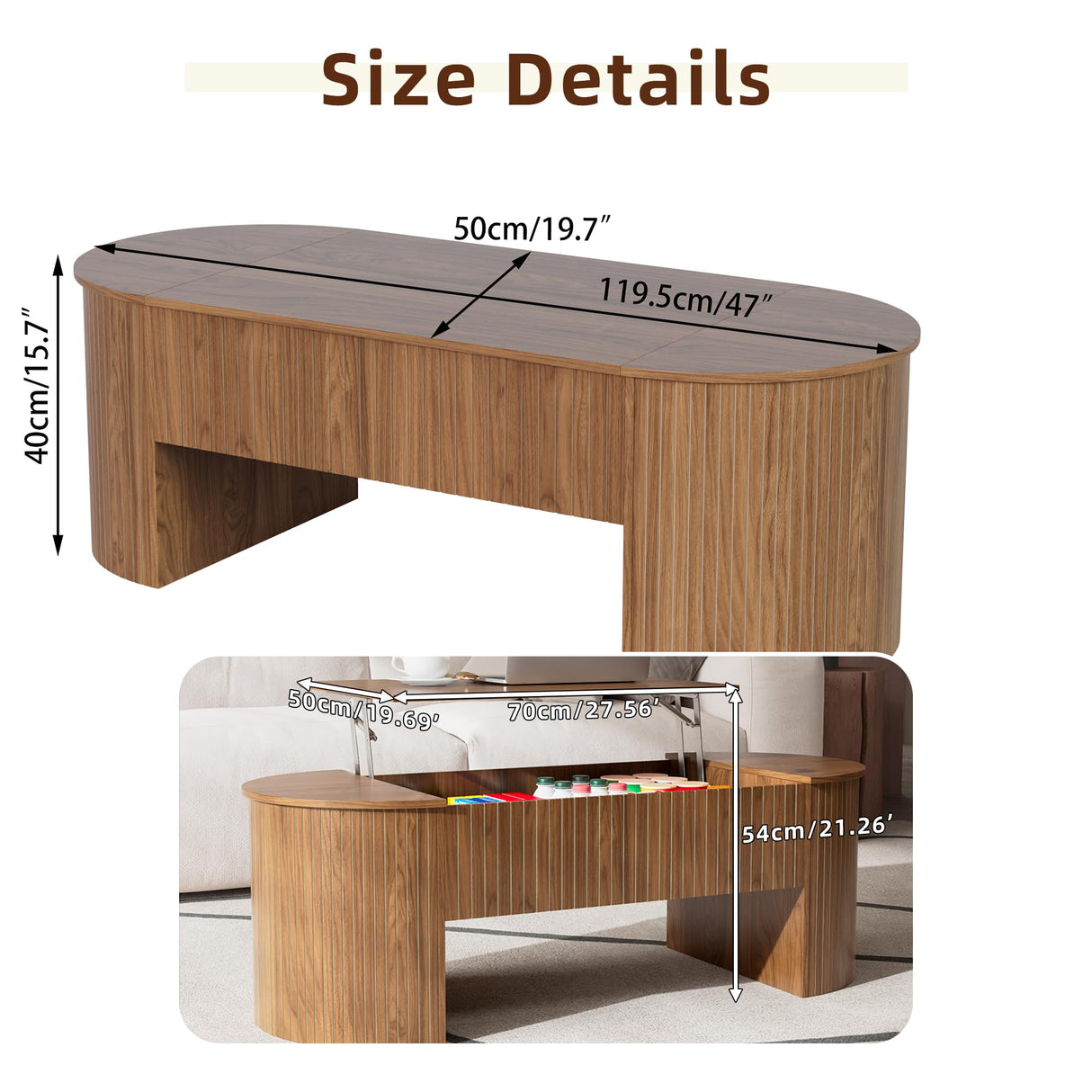 Oval Lift Top Coffee Table with Hidden Storage, Mid Century Modern Coffee Table with Lift Tabletop for Living Room, 47 Inch Large Wooden Center Table for Home Office (Walnut) Jimmhome