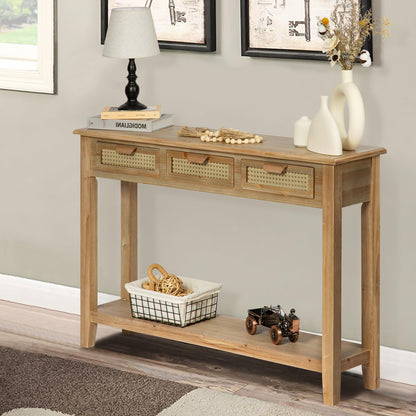 Wnutrees Farmhouse Console Table with 3 Rattan Drawers, 46" Long Narrow Boho Foyer Sofa Tables with Open Storage Shelves for Entryway,Hallway,Living