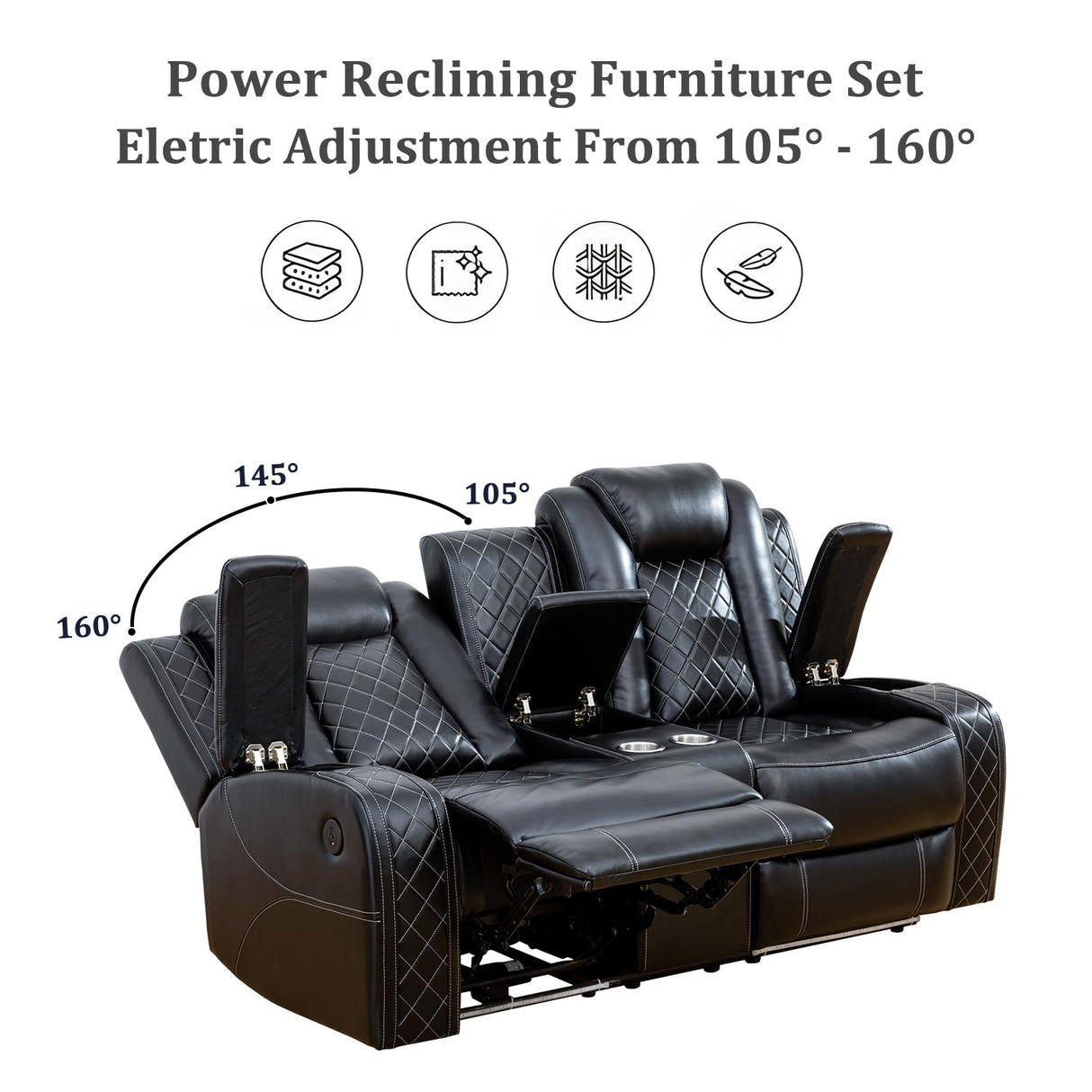 GEBADOL Power Recliner Sofa Set with LED, Black Leather Reclining Living Room Sofa, Muti-Functional Recliner Sofa and Couch with Storage Console/Cup Holders/USB Ports GEBADOL