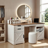 JanflyHome Executive Desk with File Storage Drawer, 63" Lift Top Farmhouse Home Office Gaming Desk with Charging Station, 3 Drawers Sensor Lights Wood Computer Table with Monitor Stand, Antique White JanflyHome