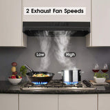 Zomagas Under Cabinet Range Hood 30 inch, Ducted/Ductless Convertible Kitchen Stove Hood, Stainless Steel Vent Hood w/Rocker Button Control, 2 Speeds Exhaust Fan, 280CFM, Black Zomagas