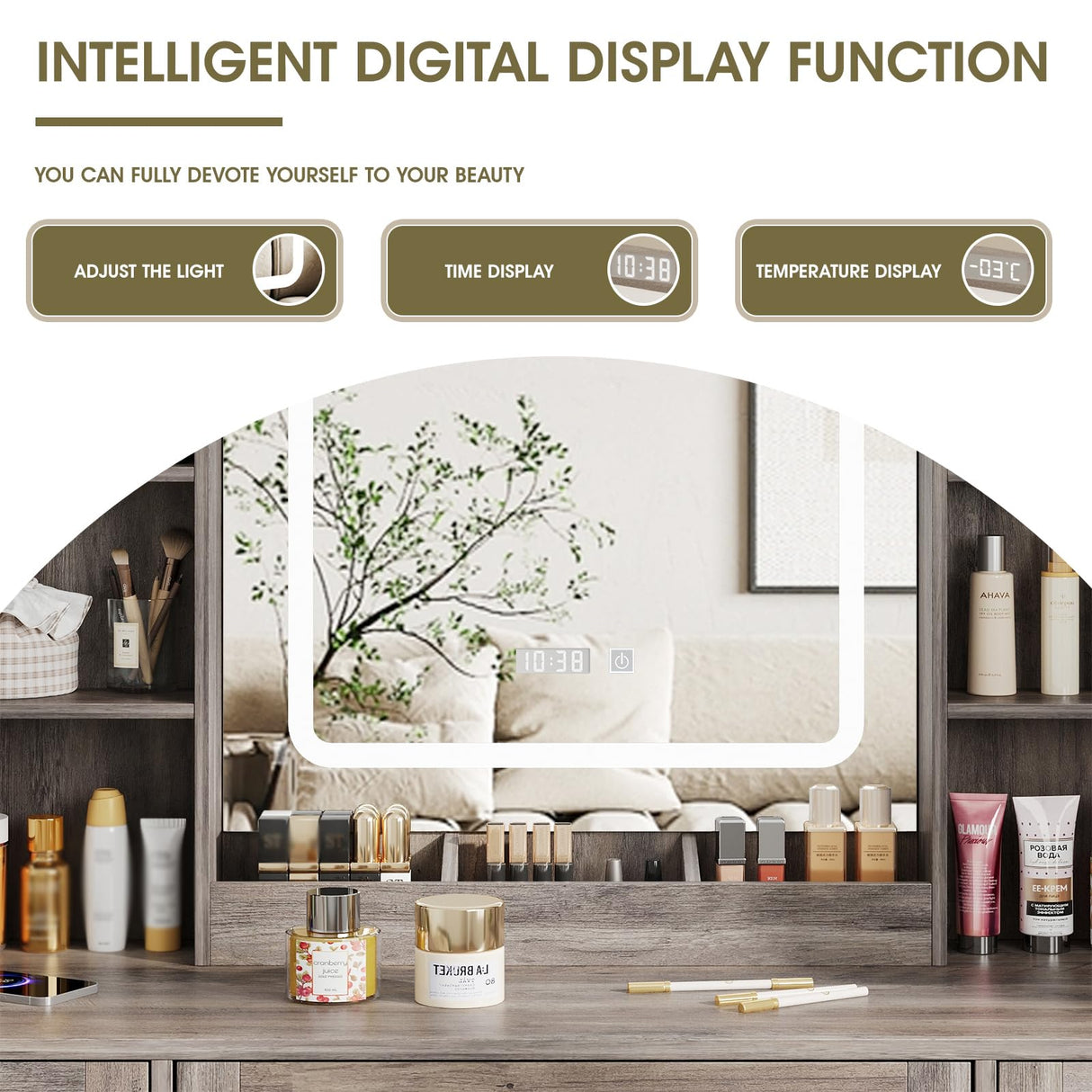 Vabches Makeup Vanity Desk, Vanity Mirror with Lights Desk and Chair,Makeup Table with 3 Large Drawers and 2 Cabinets, Time and Temperature Display, 3 LED Lighting Modes Adjustable, Grey Vabches