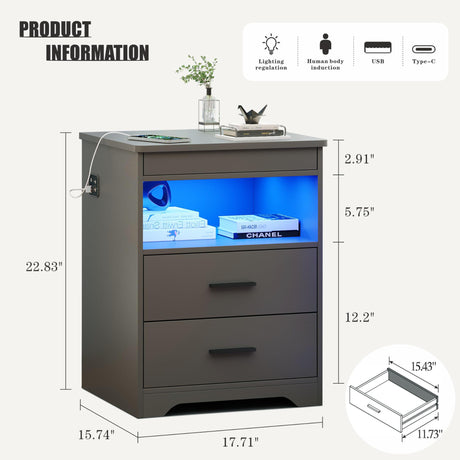 Nightstand with Gun Drawer Charging Bedside Table with USB & Type-C Port LED Night Stand with Human Sensor Design Modern End Table with Drawers for Bedroom Living Room Office, Grey FREDEES