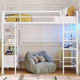 DICTAC Twin Loft Bed with Desk, Charging Station, Storage, Safety Features, and RGB LED Lights - White DICTAC