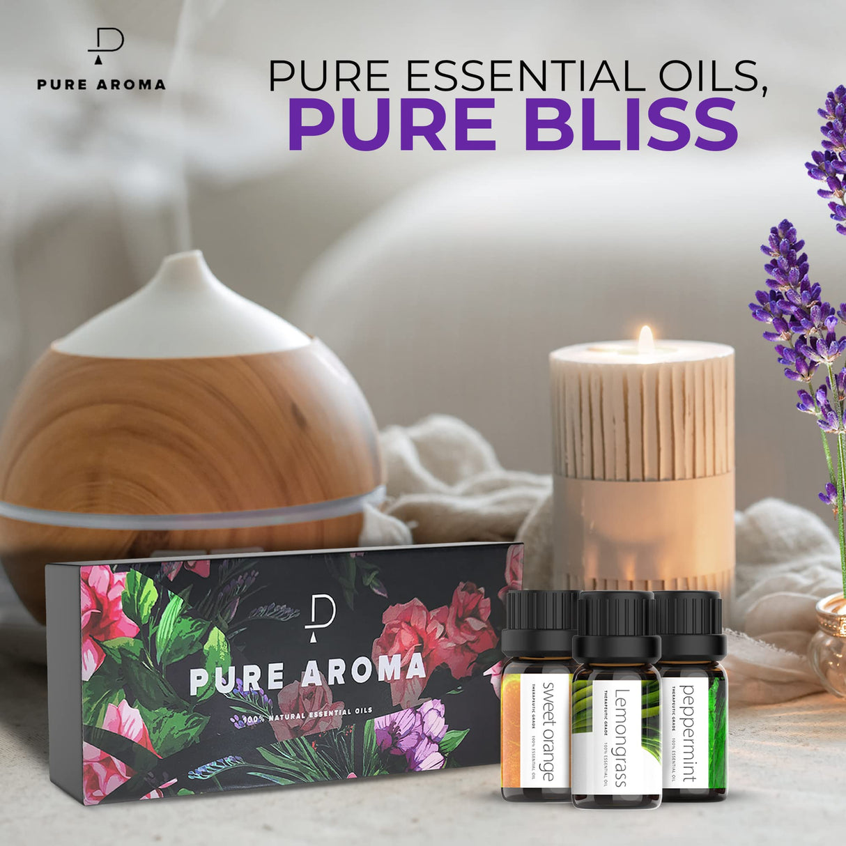 Essential Oils Set by Pure Aroma - Top 6 Aromatherapy Oils Gift Set-6 Pack, 10ml (Eucalyptus, Lavender, Lemongrass, Sweet Orange, Peppermint, Tea Tree) Pure Aroma