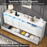 Loomie 12 Drawer White Dresser with Charging Station & Led Lights for Bedroom, Long 63" Quadruple Wide Dresser TV Stand for TVs up to 75", Large Dressers Organizer with 4 Open Cubbies for Living Room Loomie