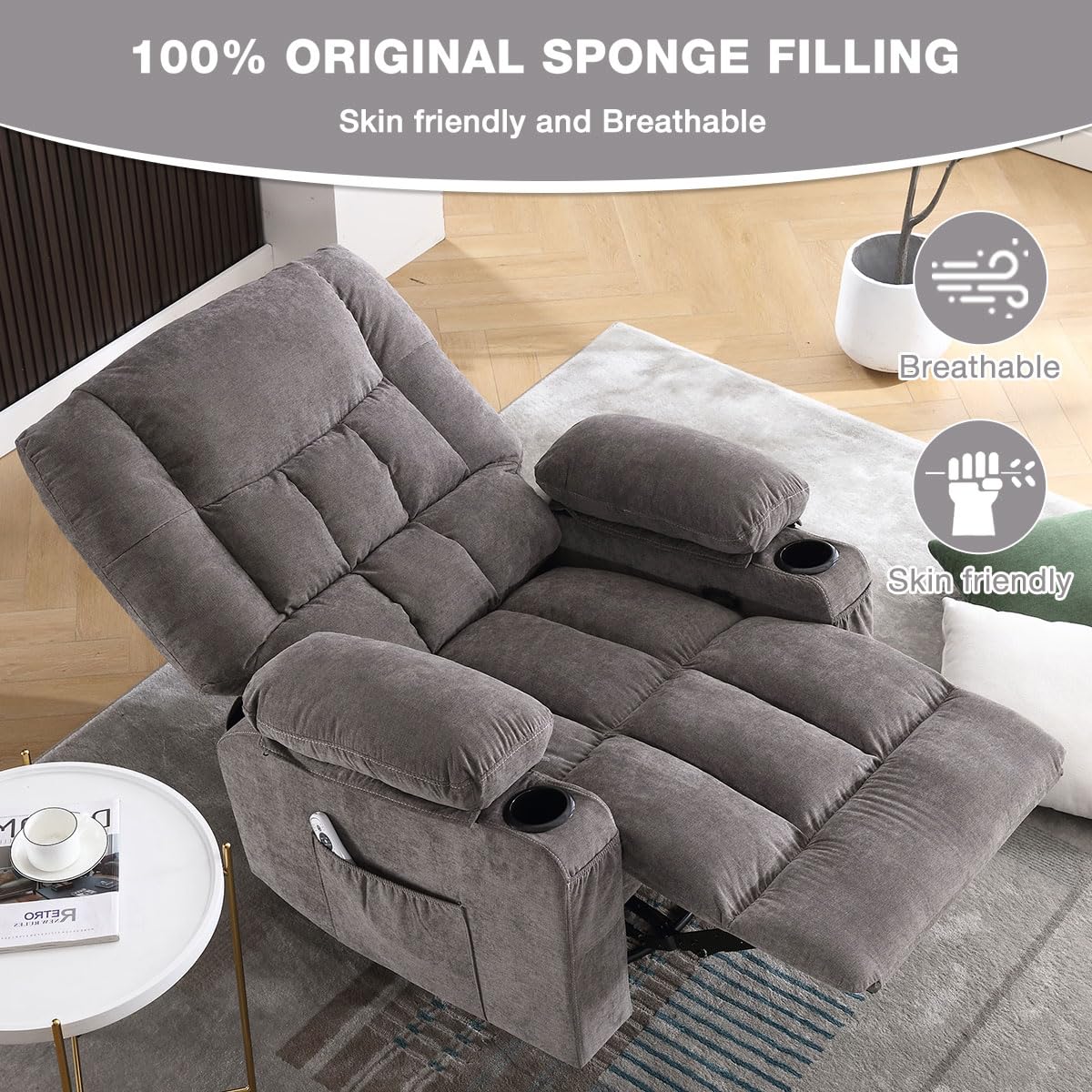 BOSMILLER Oversized Recliner Chair for Adults with Vibration Massage and Lumbar Heating Swivel Rocker Recliner with Cup Holder and USB Charge Port for Living Room BOSMILLER