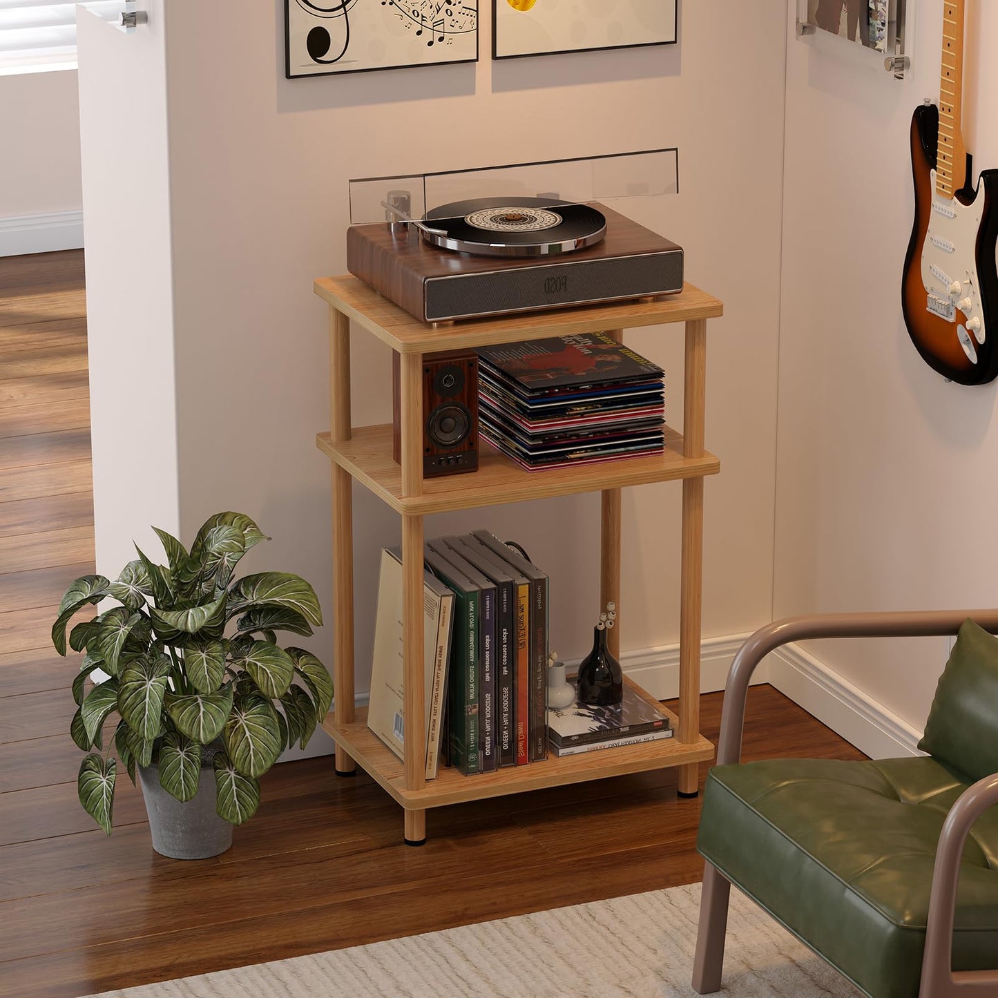 Apicizon Record Player Stand, 3-Tier End Table with Vinyl Record Storage Shelf, Wooden Record Player Table with Adjustable Holder, Small Turntable Stand for Living Room, Bedroom, Natural