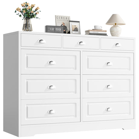 Shintenchi Dresser for Bedroom with 9 Drawers, White Dresser & Chest of Drawers Wooden Organizer with Metal Handle, Storage TV Stand for Living Room Shintenchi
