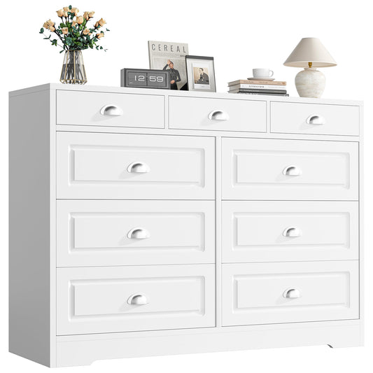 Shintenchi Dresser for Bedroom with 9 Drawers, White Dresser & Chest of Drawers Wooden Organizer with Metal Handle, Storage TV Stand for Living Room