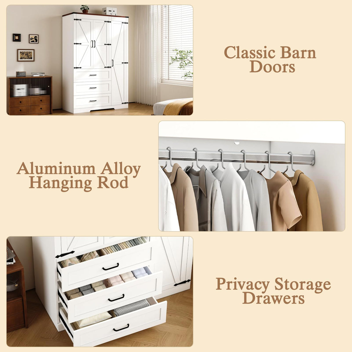 3 Door Armoire Wardrobe Closet Cabinet with 3 Drawers and Drawers, Farmhouse Bedroom Armoire with Hanging Rod and Adjustable Shelves, Large Capacity Storage Wardrobe Armoire for Bedroom, White DalyLuxa